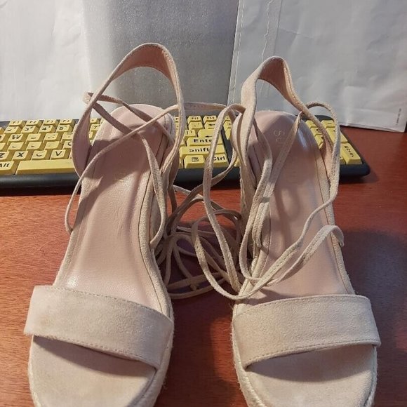 NEW ! SUMOJIU Wedge Platform Espadrille Open Toe Lace-Up Cross Strap Nude Size6 - Picture 1 of 7